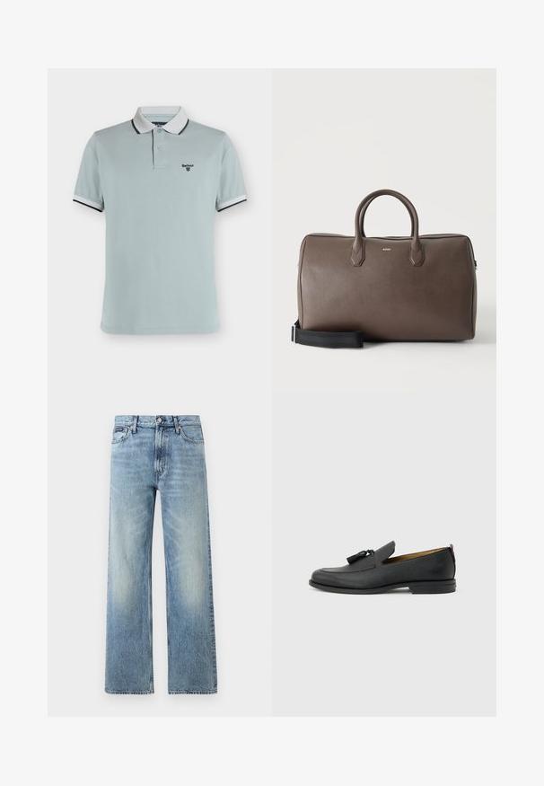 Polo manches courtes bleu clair avec col et poignets blancs, bordure noire, deux boutons et logo Barbour sur le côté gauche de la poitrine.; Jean droit en denim bleu clair avec taille haute, cinq poches, fermeture à boutons et léger délavage sur les cuisses et les genoux.; Mocassin pour homme en cuir noir avec pompons, bout arrondi, petit talon et languette à l'arrière, présenté de profil sur un fond gris clair.; Sac de sport en cuir marron avec deux poignées, une bandoulière noire réglable et un petit logo "BOSS" au centre à l'avant.