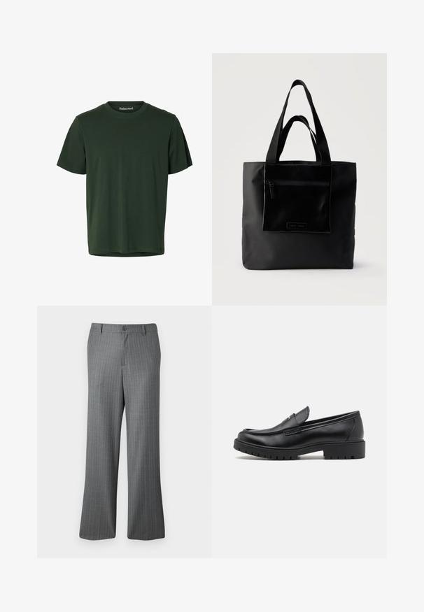 Camiseta verde oscuro de manga corta con cuello redondo, confeccionada en tejido liso con un dobladillo recto.; Pantalones de rayas grises con un ajuste relajado, que presentan un cierre de botón, pasadores para cinturón y sutiles rayas azul claro en toda su superficie.; Mocasines de cuero negro con punta redondeada, diseño sin cordones y suela de goma gruesa con agarre texturizado. Tacón elevado y detalles de costura sutiles.; Bolso tote negro con bolsillo frontal con cremallera y asas dobles, sobre un fondo claro y liso.