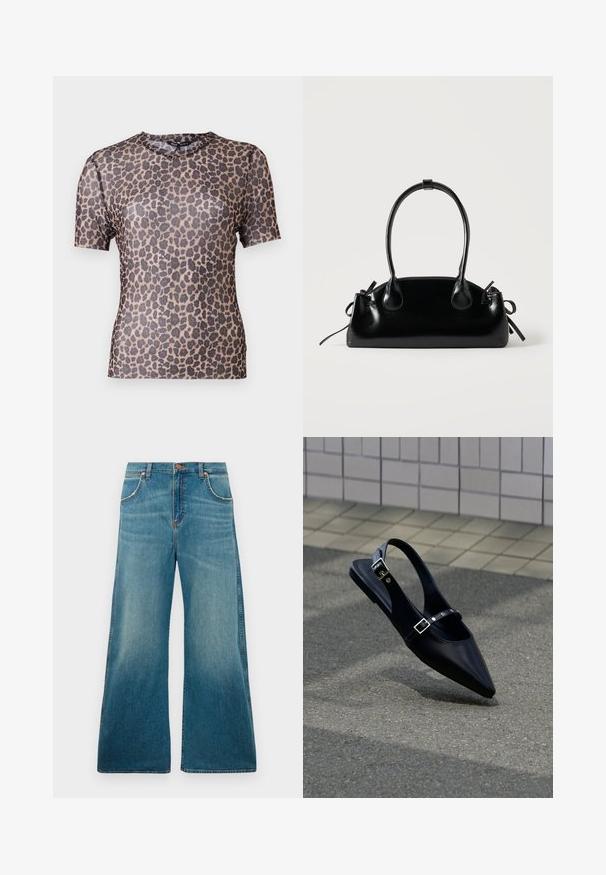 Haut à manches courtes en imprimé léopard en tissu léger et transparent, avec un col rond et une texture lisse. Le design présente des taches brun foncé.; Jeans en denim bleu taille haute avec jambes larges, poches avant, fermeture à bouton et dégradé de couleur usé allant de la taille à l'ourlet.; Mocassin noir à bout pointu et bride arrière, avec double boucle, posé sur un asphalt gris près d'un mur carrelé en arrière-plan.; Petit sac à main noir brillant avec deux longues anses et des détails à cordon sur les côtés sur un fond clair uni.