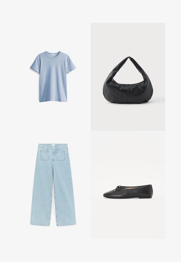 Lichtblauwe katoenen t-shirt met een ronde hals en korte mouwen. Glad textuur en rechte zoom, eenvoudig en klassiek ontwerp.; Lichtblauwe wijde denim jeans met voorzakken, riemlussen en een knoopsluiting in de taille.; Zwarte leren balletschoenen met een ronde neus en een decoratieve strikdetail. Het ontwerp heeft een gladde textuur en een lage, platte hak.; Zwarte zachte leren halvemaanvormige handtas met een dikke, gevoerde handgreep en een ritsopening aan de bovenkant.