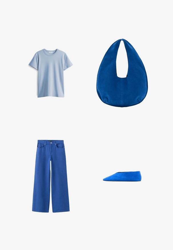 Himmelblaues Baumwoll-T-Shirt mit rundem Halsausschnitt und kurzen Ärmeln. Glatte Textur und gerader Saum, einfaches und klassisches Design.; Blaue Jeans mit weitem Bein, vorderem Knopf und Reißverschluss, zwei Fronttaschen und Gürtelschlaufen auf weißem Hintergrund.; Blauer Veloursflachschuh mit spitz zulaufender Spitze und flacher Sohle, seitliche Ansicht auf weißem Hintergrund.; Weiche blaue Stoff-Hobo-Tasche mit abgerundeter, halbmondförmiger Form und einer breiten Grifföffnung oben in der Mitte.