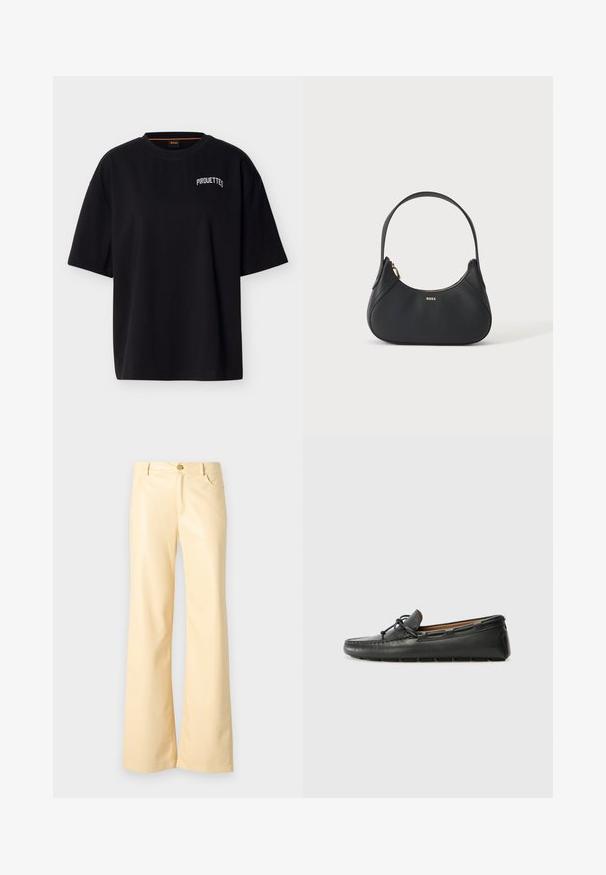 T-shirt noir à manches courtes avec le texte blanc « PIROUETTES » sur la partie supérieure gauche de la poitrine et un col rond.; Pantalons évasés en jaune pâle, en matériau lisse et brillant. Comprend un bouton avant, deux poches latérales et une coupe droite.; Bateau en cuir noir avec un bout arrondi, des détails de couture, un petit accent en nœud et une semelle en caoutchouc. Texture lisse et design épuré.; Sac à bandoulière en cuir noir avec une forme incurvée, fermeture éclair dorée et petit logo doré à l'avant, isolé sur fond clair.