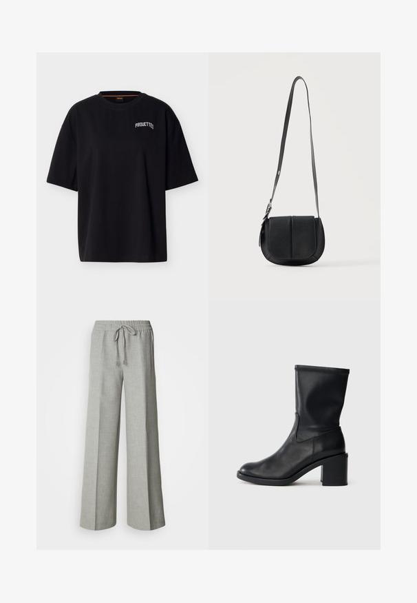 T-shirt noir à manches courtes avec le texte blanc « PIROUETTES » sur la partie supérieure gauche de la poitrine et un col rond.; Pantalon ample gris clair avec taille élastique et cordon de serrage, poches avant, et tissu texturé subtil.; Botte en cuir noir à cheville avec un bout rond, texture lisse et un talon épais, présentant un tige ajustée et un subtil détail de couture.; Sac bandoulière en cuir noir texturé avec fond arrondi, rabat avant et bandoulière réglable avec boucle métallique.
