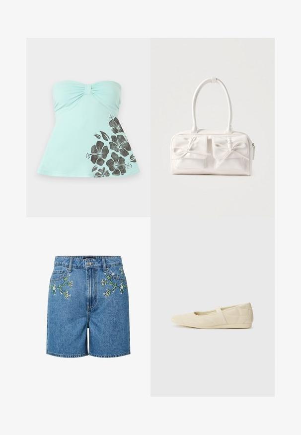Strapless light blue top with ruched center and black hibiscus flower print on lower right side, flared hem.; Blue denim shorts with front floral embroidery, button and zip closure, and front pockets.; Beige ballet flats with a smooth leather exterior, almond-shaped toe, and elastic strap across the instep, featuring subtle stitching details.; White synthetic handbag with two front pockets, each featuring a tied bow detail. Smooth texture, rounded handles, and zip closure.