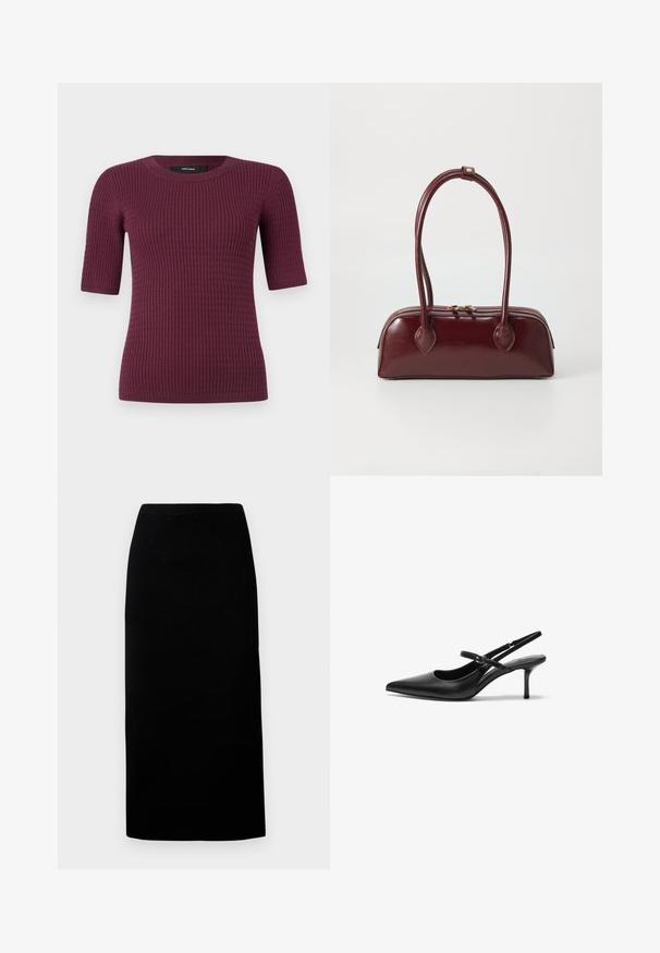 Korte mouwen top in diep bordeaux, met een geribbelde textuur en ronde halslijn. Gemaakt van zachte stof, ontworpen voor comfort en pasvorm.; Zwarte midi rok van zacht materiaal, met een rechte pasvorm en een elastische tailleband, met een gladde textuur en zonder zichtbare patronen of accenten.; Zwarte leren slingback hakken met een puntige neus, slanke verstelbare band en een ongeveer 5 cm hoge stiletto hak, met een gladde textuur.; Bordeaux leren handtas met een gebogen vorm, dubbele handvatten, ritssluiting en subtiele stiksels. Gladde, hoogglanzende afwerking.