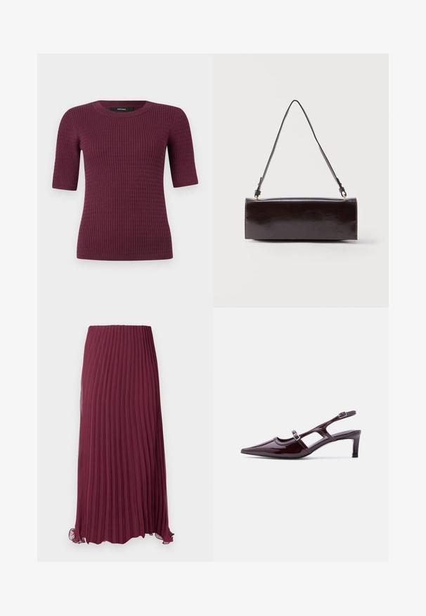 Korte mouwen top in diep bordeaux, met een geribbelde textuur en ronde halslijn. Gemaakt van zachte stof, ontworpen voor comfort en pasvorm.; Lange bordeauxrode geplooide rok van lichtgewicht stof met een elastische tailleband en een licht gerimpelde zoom. Geweven verticale plooien door de hele rok.; Bordeaux lakleren slingback schoen met spitse neus, lage hak en dubbele verstelbare gespsluitingen.; Rechthoekige zwarte leren handtas met een enkele lange schouderband en een glanzende afwerking, weergegeven tegen een effen witte achtergrond.