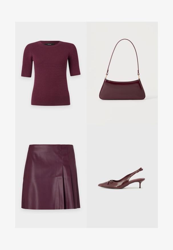 Kortærmet top i dyb bordeaux, med ribbet tekstur og rund halsudskæring. Fremstillet af blødt stof, designet til komfort og pasform.; ONLY ONLARTZY Short - Mini skirts - mauve wine; Bordeaux læder slingback hæl med spidse tå, justerbar rem og dekorativ sløjfedetalje foran. 7,5 cm hælhøjde.; Mørk burgunderglans håndtaske med et enkelt tyndt håndtag og en elegant, trapezformet form på en ensartet lys baggrund.