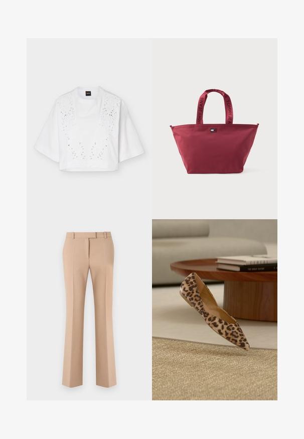 Top court blanc à manches courtes et larges, avec broderie florale découpée sur le panneau avant, suspendu devant un fond uni.; Pantalon beige droit sur mesure avec passants de ceinture et plis avant, présenté sur un fond blanc.; Chaussure plate à bout pointu imprimé léopard près d'une table basse ronde en bois avec des livres empilés sur un tapis beige et un canapé en arrière-plan.; Sac fourre-tout en nylon rouge avec une large ouverture, des poignées courtes arborant le logo "TOMMY JEANS" et une texture lisse et résistant à l'eau.