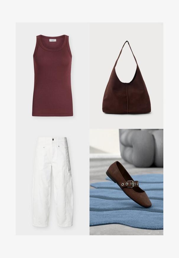 Débardeur côtelé sans manches de couleur bordeaux foncé, avec un col rond et une étiquette "Marc O’Polo Denim" à l'intérieur du col.; Pantalon blanc à jambes larges avec poches plaquées à l'avant, fermeture à boutons et détails de coutures visibles, présenté sur un fond uni.; Chaussure plate en daim marron avec bride à boucle reposant sur un tapis bleu texturé, avec un meuble gris capitonné en arrière-plan.; Sac hobo en daim marron avec une grande ouverture courbée et une large bandoulière. Présente une couture centrée à l'avant. Texture lisse.