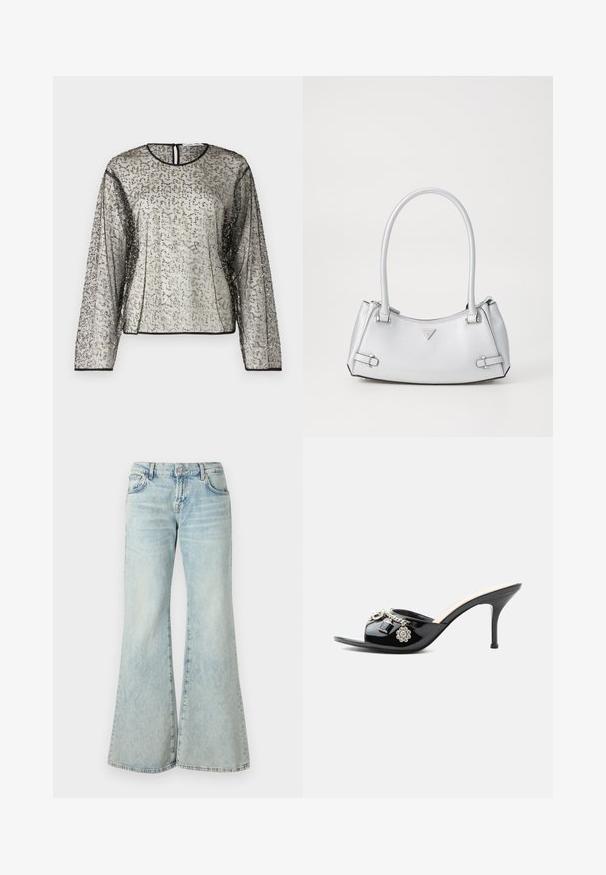Top transparente de manga larga con un embellimiento texturizado en plateado y negro, escote redondo y apertura en forma de llave en la parte posterior. Un ribete negro adorna las mangas.; Jeans acampanados de un azul claro, hechos de denim, con una cintura alta, bolsillos y dobladillos deshilachados. La tela presenta un lavado desvanecido y una textura sutil.; Mule de charol negro de tacón alto con punta abierta y adornos decorativos plateados, incluyendo una flor y un candado en la tira delantera.; Bolso de mano plateado con un diseño estructurado, que cuenta con dos asas, textura brillante, herrajes de acento y un logo triangular en la parte frontal.