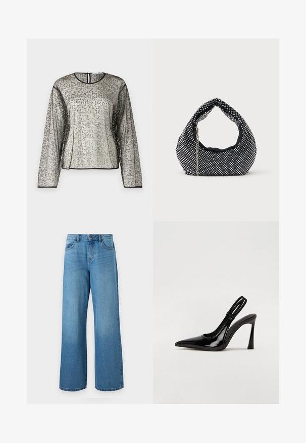Top transparente de manga larga con un embellimiento texturizado en plateado y negro, escote redondo y apertura en forma de llave en la parte posterior. Un ribete negro adorna las mangas.; Jeans de mezclilla de pierna ancha en azul claro, con una cintura alta, cierre de cremallera y diseño de cinco bolsillos con un ligero desvanecimiento.; Zapato de tacón con tirante en negro de charol, punta afilada, tacón alto y delgado, y doble tira elástica para un ajuste seguro. Superficie suave y brillante.; Bolso de malla negra adornado con tachuelas plateadas, con un asa curvada y una correa de cadena. Textura suave con forma redondeada.