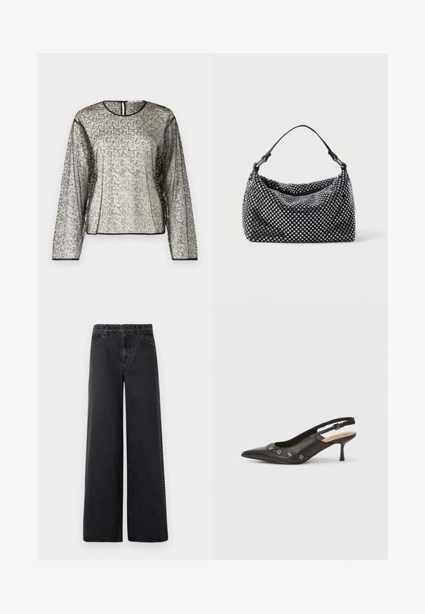 Top transparente de manga larga con un embellimiento texturizado en plateado y negro, escote redondo y apertura en forma de llave en la parte posterior. Un ribete negro adorna las mangas.; Vaqueros de mezclilla negros de pierna ancha con tachuelas metálicas a lo largo de la pretina y las costuras laterales. Presentan un estilo clásico de cinco bolsillos y un corte holgado.; Zapato de tacón con talón descubierto en piel negra, punta puntiaguda, tacón pequeño y detalles metálicos decorativos a lo largo de la abertura frontal. Textura lisa.; Bolso negro y plateado con una superficie tejida y texturizada que presenta patrones cuadrados, un asa superior única y un diseño holgado.