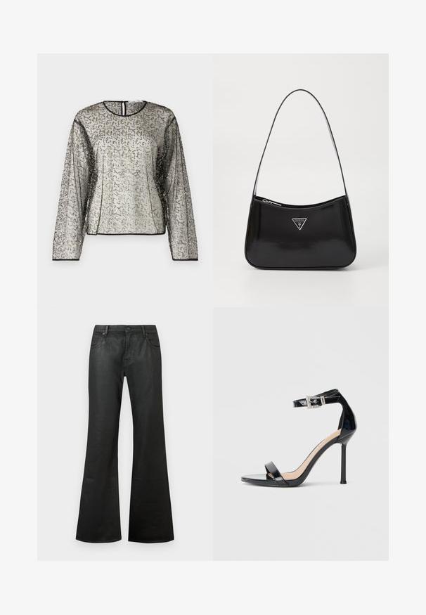 Top transparente de manga larga con un embellimiento texturizado en plateado y negro, escote redondo y apertura en forma de llave en la parte posterior. Un ribete negro adorna las mangas.; Jeans acampanados negros de mezclilla con una textura suave, cintura estándar, estilo de cinco bolsillos y cierre de botón.; Sandalia de tacón alto en piel sintética negra con correa en el tobillo. Presenta un diseño minimalista, punta abierta y una hebilla con detalles de pedrería.; Bolso de hombro de charol negro con forma curva, que presenta un logotipo triangular plateado y un cierre de cremallera. Textura suave y correa delgada.