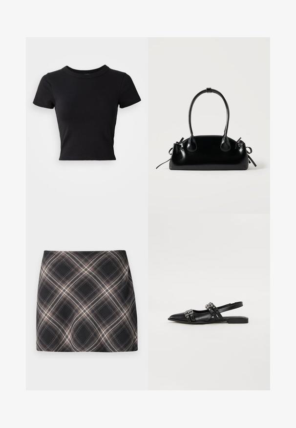 Schwarzes, cropped T-Shirt aus festem Baumwollstoff, mit kurzen Ärmeln und rundem Halsauschnitt, das ein glattes und einfaches Design aufweist.; Schwarzer und beiger Karominirock mit diagonalem kariertem Muster, tailliertem Bund und glatter Stoffstruktur.; Even&Odd by Zalando Sling-Ballerina - black; Kleine schwarze glänzende Handtasche mit zwei langen Griffen und seitlichen Kordelzug-Details vor einfachem hellem Hintergrund.