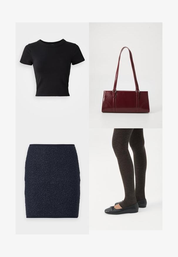 Sort cropped t-shirt lavet af solid bomuld, med korte ærmer og rund halsudskæring, med et glat og enkelt design.; Marineblå nederdel med tekstureret boucle-stof. Lige snit med en tætsiddende silhuet og en enkel taljebånd. Ingen synlige lukninger eller detaljer.; Ben iført mørke ribbede leggings kombineret med sorte balletsko med små sløjfedetaljer på hvid baggrund.; Bordeaux håndtaske lavet af glansfuldt materiale, rektangulær form, med to skulderremme og subtile buede detaljer på forsiden.