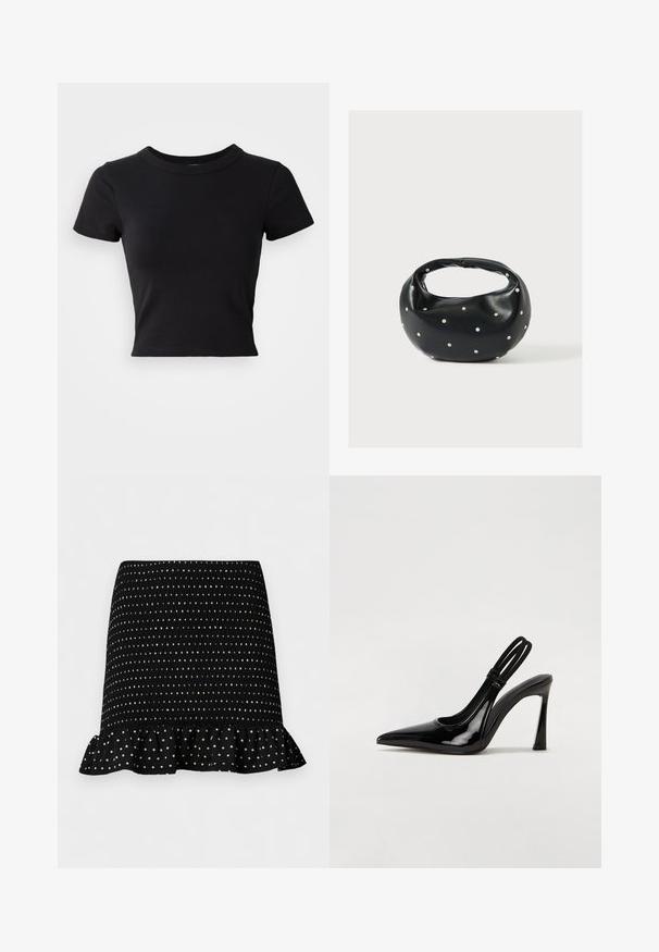 Sort cropped t-shirt lavet af solid bomuld, med korte ærmer og rund halsudskæring, med et glat og enkelt design.; Sort mininederdel med hvide polkaprikker, smocket tekstur og flæsekanter mod en ensfarvet lys baggrund.; Sorte patenterede lædersædler med spidse tæer, slank høj hæl og dobbelt elastisk rem for sikker pasform. Glat, skinnende overflade.; Sort læderhåndtaske med en rundet form, dekoreret med sølvnitter, og et kort håndtag. Glat tekstur og lynlåslukning.