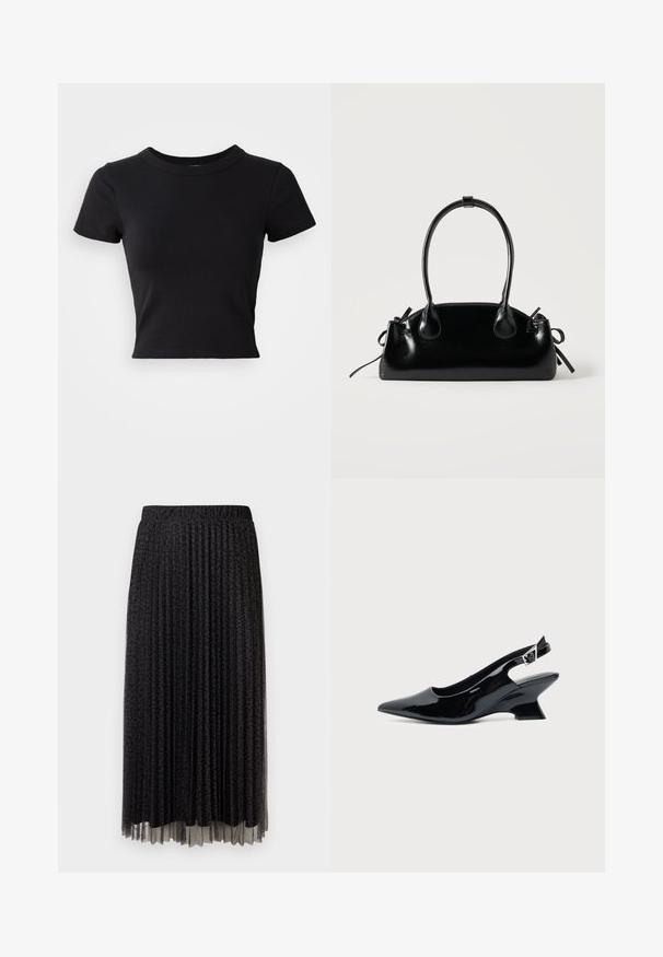 Sort cropped t-shirt lavet af solid bomuld, med korte ærmer og rund halsudskæring, med et glat og enkelt design.; Sort plisseret midi-skjørt med en subtil leopardprint, elastisk talje og transparent tekstur ved kanten.; Sort laklæder slingback sko med spids tå og lav vinklet blokhæl på ensartet lys baggrund.; Lille sort blank håndtaske med to lange håndtag og snøre-detaljer i siden på en ensfarvet lys baggrund.