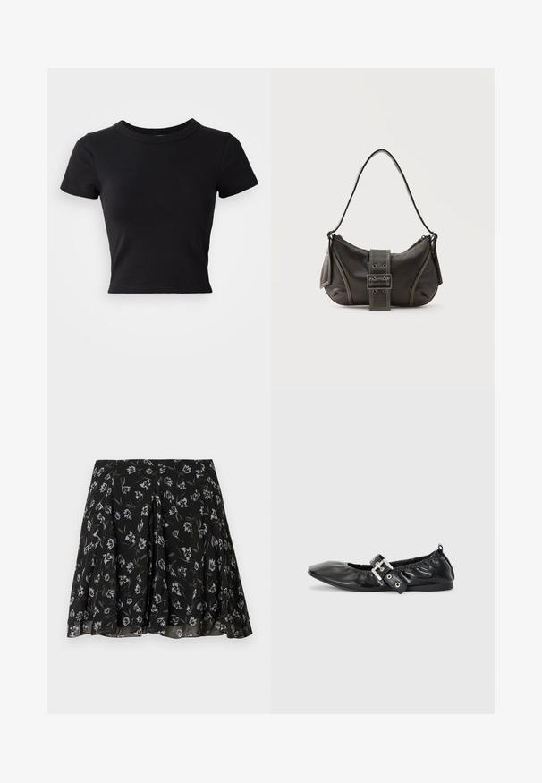 Camiseta corta negra hecha de algodón sólido, con mangas cortas y un cuello redondo, de diseño suave y sencillo.; Falda negra plisada con estampado floral en blanco y oliva, tela fluida con textura sutil, diseño de longitud media.; Zapato plano de piel negra con puntera afilada, detalle fruncido alrededor de la abertura y un acento de hebilla plateada en la correa ajustable.; Bolso de hombro de cuero negro con detalle de correa con hebilla, bordes curvos y costuras blancas en contraste sobre un fondo liso.