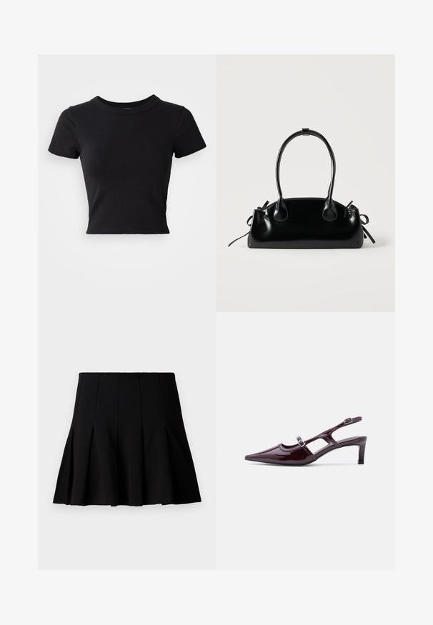 Schwarzes, cropped T-Shirt aus festem Baumwollstoff, mit kurzen Ärmeln und rundem Halsauschnitt, das ein glattes und einfaches Design aufweist.; Schwarzer, kurzer, plissierter Rock aus einem glatten Stoff. Verfügt über einen elastischen Bund und eine ausgestellte Silhouette, die bis zur Mitte des Oberschenkels reicht.; Bordeauxfarbener Slingback-Schuh aus Lackleder mit spitzer Zehenpartie, niedrigem Absatz und doppelten verstellbaren Schnallenriemen.; Kleine schwarze glänzende Handtasche mit zwei langen Griffen und seitlichen Kordelzug-Details vor einfachem hellem Hintergrund.