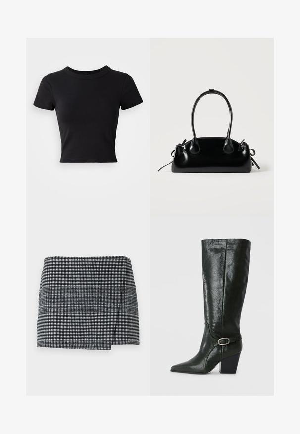 Zwart cropped t-shirt van stevige katoen, met korte mouwen en een ronde halslijn, met een glad en eenvoudig ontwerp.; Wollen mini-jurk met een zwart-wit houndstooth patroon, rechte snit met een lichte asymmetrische zoom en textuurstof.; Groene leren kniehoge laars met een puntige neus, blokhak en decoratieve riem met een detail in zilveren gesp. Glad oppervlak met glans.; Kleine zwarte glanzende handtas met twee lange hengsels en zijkant trekkoord details op een effen lichte achtergrond.