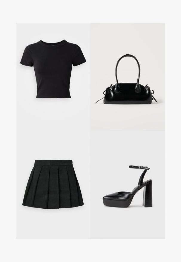 Camiseta corta negra hecha de algodón sólido, con mangas cortas y un cuello redondo, de diseño suave y sencillo.; Falda corta de pliegues negra hecha de tela texturizada. Presenta una cinturilla y un sutil patrón de cuadros en toda la prenda. Longitud corta con pliegues en capas.; Zapatos de tacón negro con punta afilada y correa ajustable en el tobillo. Confeccionados en cuero suave, presentan un tacón grueso.; Pequeño bolso negro brillante con dos asas largas y detalles de cordón lateral sobre un fondo claro liso.