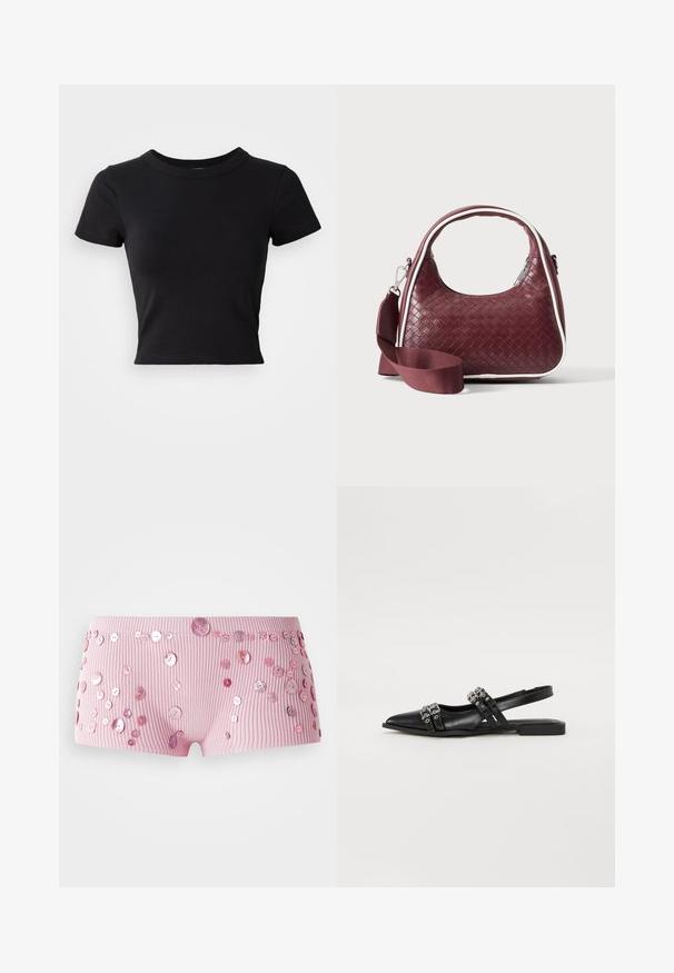 Camiseta corta negra hecha de algodón sólido, con mangas cortas y un cuello redondo, de diseño suave y sencillo.; Pantalones cortos de color rosa con canalé adornados con botones brillantes de diferentes tamaños esparcidos por la tela.; Even&Odd by Zalando Bailarinas con tira trasera - black; Bolso de mano de cuero tejido color granate con asa curva, ribete blanco, cremallera plateada y correa desmontable de tela ancha para el hombro sobre fondo liso.