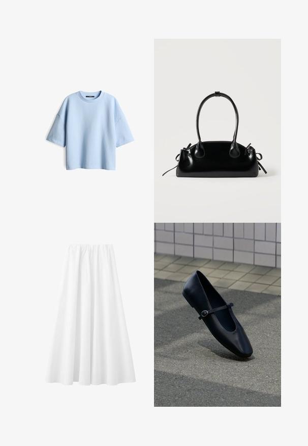 Lichtblauwe oversized t-shirt van textuurstof met een ronde halslijn en korte mouwen. Heeft een relaxte pasvorm en een minimalistisch ontwerp.; Lange witte rok met een elastische tailleband en vloeiende stof die tot aan de zoom reikt.; Zwarte leren Mary Jane platte schoen met een klein gespje, geplaatst op een grijs asfaltoppervlak nabij een betegelde muur.; Kleine zwarte glanzende handtas met twee lange hengsels en zijkant trekkoord details op een effen lichte achtergrond.