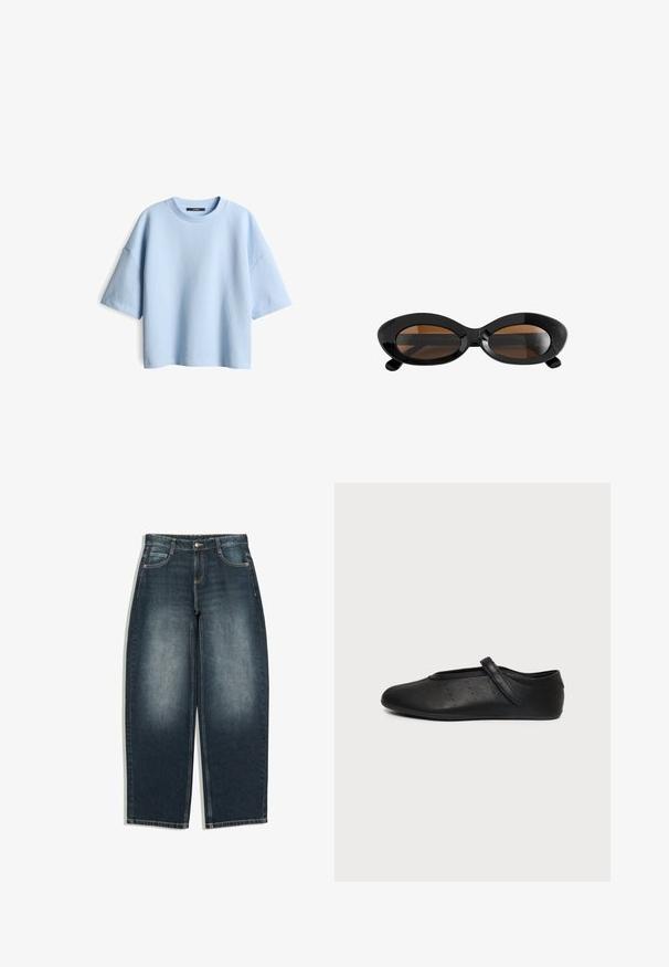 Hellesblaues, übergroßes T-Shirt aus strukturiertem Stoff mit Rundhalsausschnitt und kurzen Ärmeln. Es verfügt über einen lockeren Schnitt und ein minimales Design.; Dunkelblaue Jeans mit weitem Bein und leichtem Ausbleichen an den vorderen Oberschenkeln, fünf Taschen, Knopfverschluss und Gürtelschlaufen, flach auf weißem Hintergrund gezeigt.; Schwarzer Mary Jane Lederschuh mit flacher Sohle, einem einzelnen Riemen und kleinen perforierten Punkten an der Seite, dargestellt auf einem einfachen hellgrauen Hintergrund.; Schwarze ovale Sonnenbrille mit dicken Fassungen und braunen getönten Gläsern, vor weißem Hintergrund dargestellt.