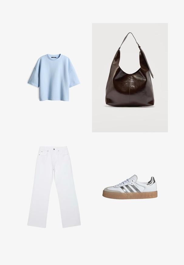 Hellesblaues, übergroßes T-Shirt aus strukturiertem Stoff mit Rundhalsausschnitt und kurzen Ärmeln. Es verfügt über einen lockeren Schnitt und ein minimales Design.; Weiße Straight-Leg-Jeans mit fünf Taschen, Gürtelschlaufen und einem vorderen Verschluss mit Knopf und Reißverschluss, flach auf einem weißen Hintergrund liegend.; Weiße Sneaker mit silbernen drei Streifen, einer tanfarbenen Gummisohle und einem weißen strukturierten Stoffobermaterial mit runder Zehenpartie und Schnürverschluss.; Dunkelbraune glänzende Lederschultertasche mit einem breiten einzelnen Riemen und Schnallendetail auf einer Seite, vor einem schlichten hellen Hintergrund.