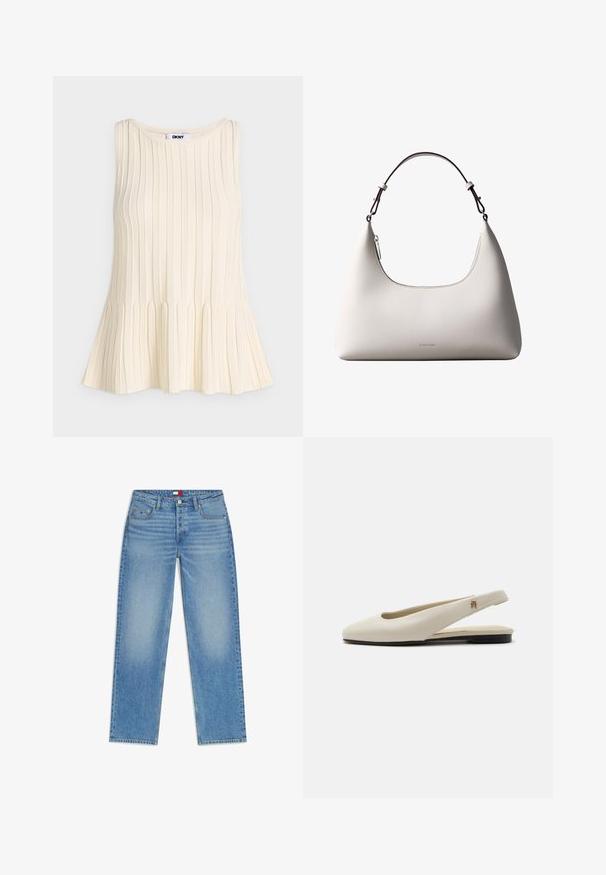 Top en maille crème sans manches avec un côtelé vertical et un ourlet légèrement évasé, doté d’un col rond et d’une étiquette DKNY à l’intérieur.; Jean en denim bleu clair à jambes droites, avec poches avant, fermeture par bouton métallique et légère décoloration sur les cuisses et les genoux.; Chaussure plate slingback en cuir couleur crème avec un bout arrondi et un petit emblème doré sur la bride.; Sac à bandoulière en cuir couleur crème de Calvin Klein avec bord supérieur incurvé, fermeture éclair argentée et sangle ajustable brun foncé.