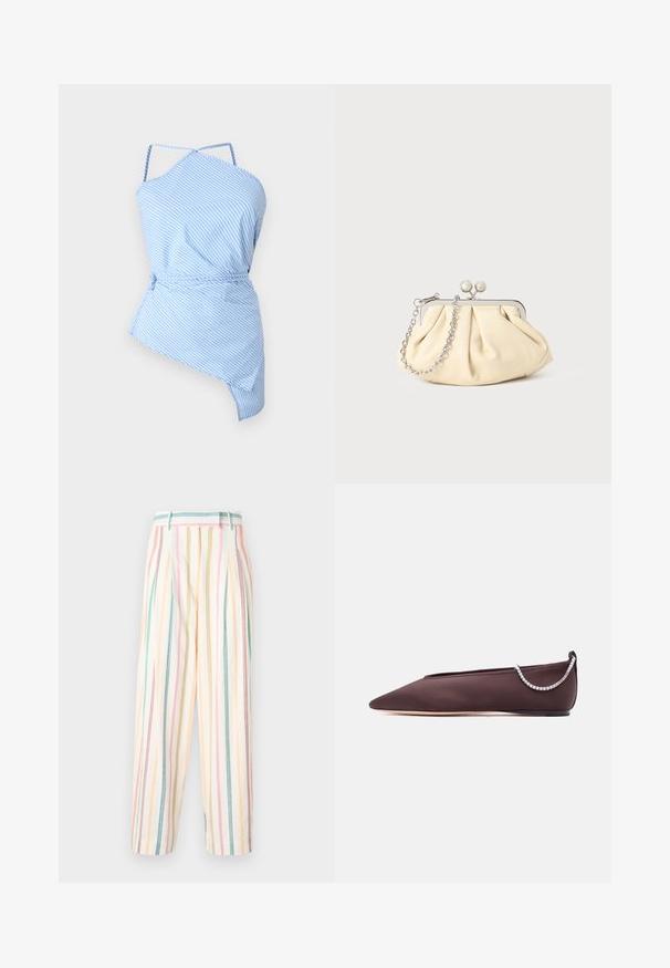 Haut rayé bleu et blanc avec une coupe asymétrique, des fines bretelles et une taille à cordon de serrage pour un ajustement réglable. Tissu léger avec une texture lisse.; Pantalons large à rayures en coton, déclinés en couleurs pastel de rose, jaune, vert et bleu, avec des plis et une coupe décontractée.; Chaussure plate marron foncé à bout pointu avec un petit talon et un détail chaîne en strass argentée à l'arrière.; Pochette en cuir beige plissé avec un cadre en métal argenté, dotée de deux fermoirs ronds décoratifs et d'une chaîne en argent.