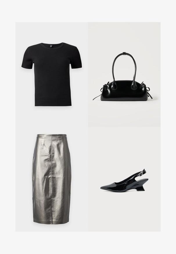 T-shirt noir à manches courtes en tissu côtelé. Doté d'un col rond classique et d'une silhouette ajustée. Sans accents supplémentaires.; Jupe crayon argentée métallisée en matériau lisse et brillant. Avec une taille haute, une fente arrière et des détails de couture au centre.; Chaussure slingback en cuir verni noir avec bout pointu et petit talon bloc incliné sur fond clair uni.; Petit sac à main noir brillant avec deux longues anses et des détails à cordon sur les côtés sur un fond clair uni.