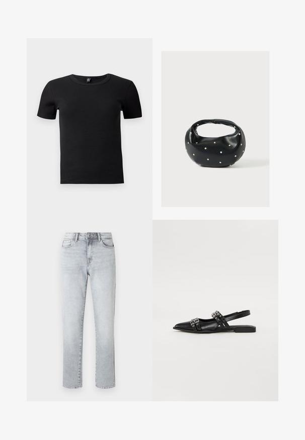 T-shirt noir à manches courtes en tissu côtelé. Doté d'un col rond classique et d'une silhouette ajustée. Sans accents supplémentaires.; Jean droit gris clair avec fermeture à bouton, poches avant et passants pour ceinture, présenté sur un fond blanc uni.; Even&Odd by Zalando Ballerines à brides arrière - black; Sac à main en cuir noir de forme arrondie, décoré de clous argentés et équipé d'une poignée courte. Texture lisse et fermeture éclair.