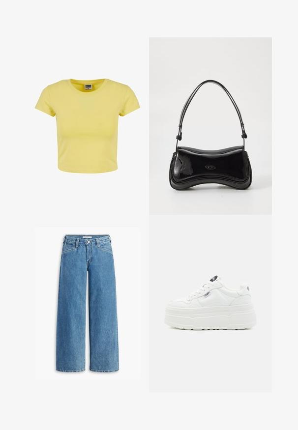 Crop top en coton jaune avec des manches courtes, un col rond et une texture douce. Étiquette « URBAN CLASSICS » visible au niveau du col.; Jean large en denim bleu clair, avec une taille haute, cinq poches et un zip boutonné classique. Coupe droite de la cuisse à l'ourlet.; Baskets plateforme blanches avec un extérieur synthétique lisse, un bout arrondi, un col rembourré et une semelle texturée. Présente une étiquette logo contrastante.; Sac à main en vernis noir avec une forme courbée, une poignée unique et un fond arrondi. Présente un détail de logo discret à l'avant.