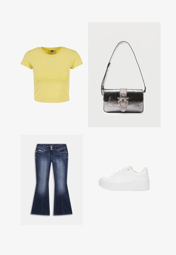 Crop top en coton jaune avec des manches courtes, un col rond et une texture douce. Étiquette « URBAN CLASSICS » visible au niveau du col.; Jean évasé bleu foncé en denim, doté de cinq poches, de coutures contrastantes et d'une fermeture à boutons avec des accents décoratifs à l'avant.; Baskets à plateforme blanches avec lacets à l'avant, détails perforés sur le côté et semelle épaisse, vues de profil extérieur sur un fond blanc.; Sac à épaule argenté métallisé avec bandoulière réglable, fermeture à rabat et fermoir décoratif en argent représentant deux oiseaux se faisant face.