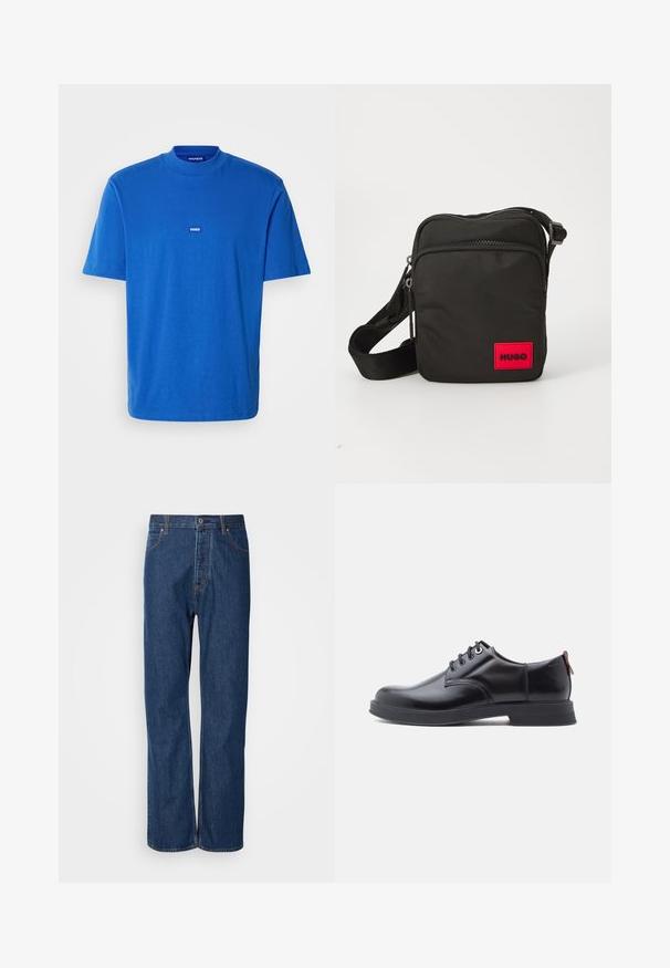 Camiseta de algodón azul con mangas cortas, cuello redondo y un pequeño parche con logo en el pecho. Textura suave con un corte relajado.; Jeans de denim azul con un diseño de pierna recta, que cuentan con una bragueta de botones, cinco bolsillos y costuras de contraste a lo largo de las costuras.; Zapatos de piel negra con cordones, textura lisa, puntera redondeada y detalles sutiles de costura. Cuentan con una lengüeta roja en el talón.; Bolso cruzado de nylon negro con un parche rectangular rojo, compartimentos con cremallera, correa ajustable y una superficie texturizada.