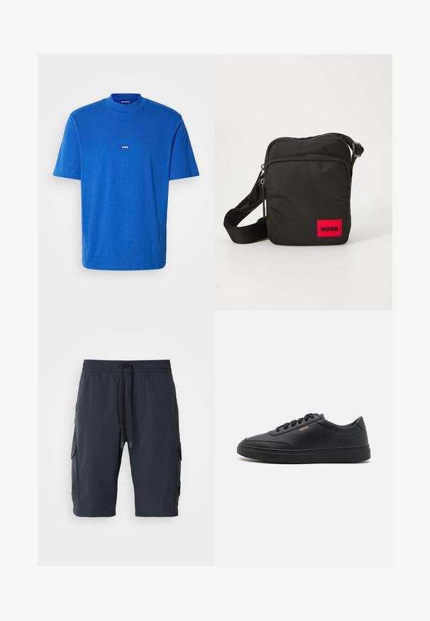 Blauwe katoenen T-shirt met korte mouwen, een ronde hals en een klein logo-embleem op de borst. Glad textuur met een relaxte pasvorm.; Marine cargoshorts met een elastische tailleband, een trekkoord aan de voorkant, zijzakken en een gladde textuur. Duurzaam materiaal, geschikt voor casual dragen.; Zwarte leren sneakers met een gladde textuur, ronde neus, platte rubberen zool en tonale veters. Kenmerkt zich door de gouden "BOSS" branding aan de zijkant.; Zwarte nylon schoudertas met een rood rechthoekig logo-embleem, ritssluitingen, verstelbare band en een gestructureerd oppervlak.