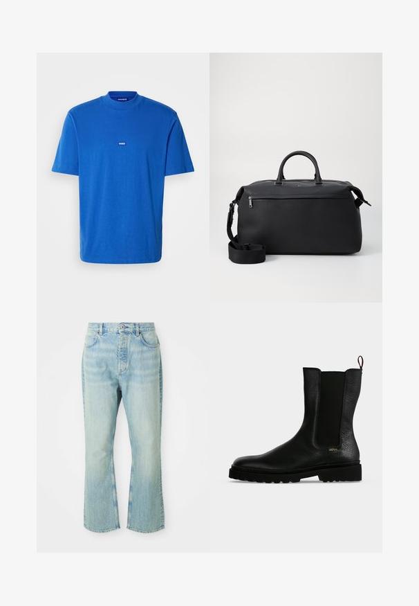 Camiseta de algodón azul con mangas cortas, cuello redondo y un pequeño parche con logo en el pecho. Textura suave con un corte relajado.; Jeans de mezclilla de color azul claro, acampanados y de cintura alta, con cinco bolsillos, trabillas para el cinturón y un acabado desgastado.; Botín negro de cuero con panel lateral elástico, suela gruesa y lengüeta en la parte trasera, con un pequeño logo dorado "Hugo" cerca del talón.; Bolsa de viaje de cuero negro con dos asas superiores, una correa de hombro desmontable y un bolsillo frontal con cremallera para almacenamiento adicional.
