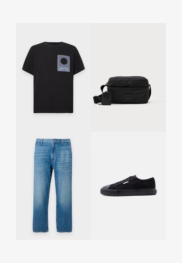 Μαύρο βαμβακερό T-shirt με κοντά μανίκια, με γραφικό τσέπης στο στήθος σε μπλε χρώμα με κάθετες ρίγες και κυκλικό σχέδιο.; Ανοιχτό μπλε τζιν παντελόνι με ίσια γραμμή, πέντε τσέπες, κούμπωμα με κουμπί και ήπια ξεθώριασμα στο μπροστινό μέρος. Χωρίς ορατά σχέδια.; Μαύρο καμβά χαμηλό sneaker με λαστιχένια σόλα, εμπρόσθιους κορδόνια και μικρό μεταλλικό λογότυπο Calvin Klein στο πλάι.; Μαύρη τσάντα χιαστί κατασκευασμένη από λείο νάιλον με ορθογώνιο σχήμα, διαθέτοντας αποσπώμενη μικρή θήκη και ρυθμιζόμενο λουρί.