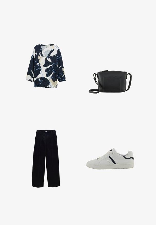 Chemise à motifs bleu marine, crème et bleu clair avec un décolleté en V, manches trois quarts et deux boutons à l'avant. Texture froissée.; Pantalons large en velours côtelé bleu marine avec une coupe droite, des plis avant et une texture subtile. Comprend des passants de ceinture et une fermeture éclair en métal.; Basket en synthétique blanche avec un profile bas, présentant des rayures diagonales bleu marine, des perforations sur le côté, et une semelle en caoutchouc texturé.; Sac en cuir noir à porter en bandoulière avec fermeture éclair, poche avant et sangle réglable. Texture lisse avec des détails de couture subtils.