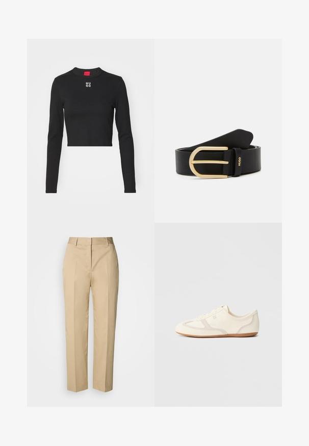 Sort langærmet cropped top lavet af glat stof, med rund hals og hvid "HUGO" logo på brystet.; Beige bukser med lige ben, bæltestropper, forreste pres, og skjult lukning, vist mod en lys baggrund.; Sneakers i cremefarve med overdel i ruskind og stof, rundet tå og gummisål med beige detaljer. Snørelukning.; Sort læderbælte med en blank guldmessingespænde, glat tekstur og et brandmærke med "HUGO" på holderen.