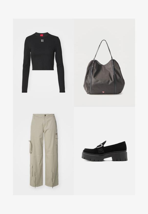 Sort langærmet cropped top lavet af glat stof, med rund hals og hvid "HUGO" logo på brystet.; Beige cargo bukser lavet af bomuld. Har store sidelommer, lynlåsåbninger ved manchetterne og et afslappet, bredt ben-design.; Sort ruskindslipper med kraftig sål, sølvspænde og præget "HUGO" på sidesnoren, vist fra ydersiden.; Sort blød mulepose med to justerbare skulderremme og et lille rødt hjerteemblem nær bunden mod en ensfarvet baggrund.