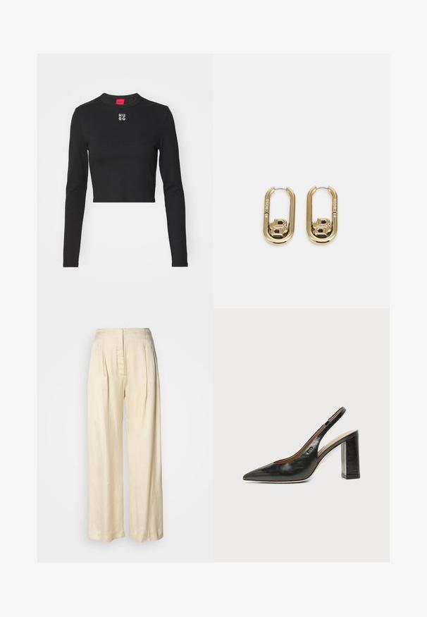 Top court à manches longues noir en tissu lisse, avec un col rond et un logo "HUGO" blanc au centre de la poitrine.; Pantalon en soie crème taille haute avec plis, jambes larges et fermeture éclair avant dissimulée sur un fond blanc uni.; Chaussure slingback en cuir noir à bout pointu avec un talon bloc haut et une doublure intérieure beige sur un fond clair uni.; BOSS DOUBLE B SWING - Boucles d'oreilles - gold-coloured