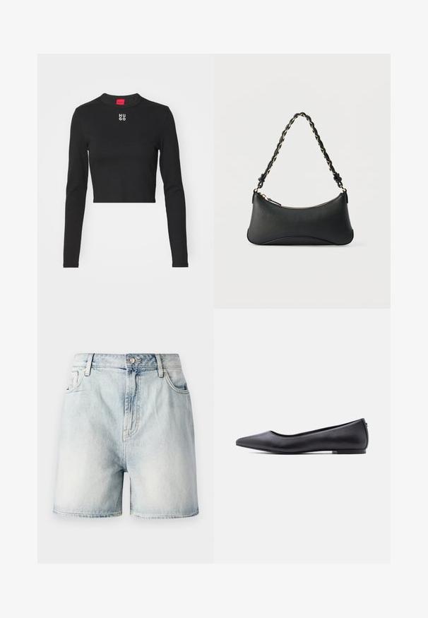 Sort langærmet cropped top lavet af glat stof, med rund hals og hvid "HUGO" logo på brystet.; Lyseblå denimshorts med knaplukning, fem lommer og en falmet struktur. Lige snit med et klassisk design.; Sort flad lædersko med spidst tåparti og lav hæl, vist i sideprofil mod en hvid baggrund.; Sort skuldertaske i læder med en buet rektangulær form, gyldent kæde vævet ind i en flettet sort rem og toplynlås.