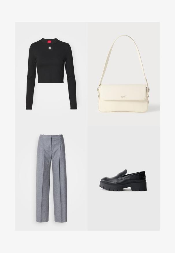 Čierne dlhé rukávy cropped top vyrobený z hladkej tkaniny, s okrúhlym výstrihom a bielym logom "HUGO" na strede hrude.; Svetlošedé nohavice s širokými nohavicami a textúrovanou tkaninou, s plisovaním vpredu a priliehavým pásom. Minimalistický dizajn, bez viditeľných kovových prvkov.; Čierne robustné platformové loafery s hladkým koženým vrchom, dekoratívnym popruhom a hrubou textúrovanou podrážkou na bielom pozadí.; Krémovo sfarbená kožená kabelka na rameno s preklopom, striebornými kovaniami, jedným nastaviteľným popruhom a jemnými detailmi loga.