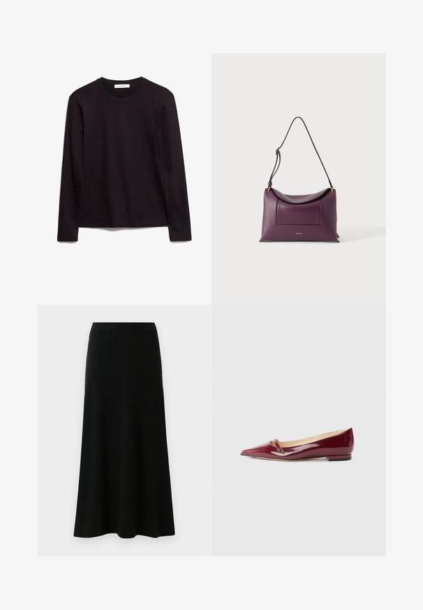 Sort langærmet t-shirt med rund hals lavet af tekstureret stof, med en lige kant og syede detaljer ved kraven og skuldrene.; Sort ribbet striklang nederdel med høj talje og subtil lodret tekstur, som bluser blødt ud mod kanten.; Bordeaux patenteret læderballerinaer med spids tå, der har en lille udskæring og en lav hæl. Glat tekstur og elegant design.; Lilla tekstureret læder skuldertaske med en buet klap og justerbar sort rem på en ensartet lys baggrund.