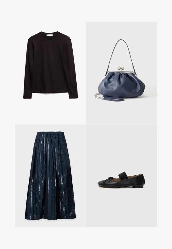 T-shirt noir à manches longues et col rond en tissu texturé, avec un ourlet droit et des accents cousus au col et aux épaules.; Jupe midi bleu marine avec des rayures verticales noires pailletées et une taille élastique, présentée sur un fond clair uni.; Ballerines en cuir noir avec un bout arrondi, un petit nœud décoratif et une lanière élastique sur le cou-de-pied pour un maintien sécurisé. Semelle plate.; Sac à main en cuir bleu marine doux avec fermeture à boucle argentée, une seule bandoulière, et une chaîne de poignet amovible sur fond blanc.