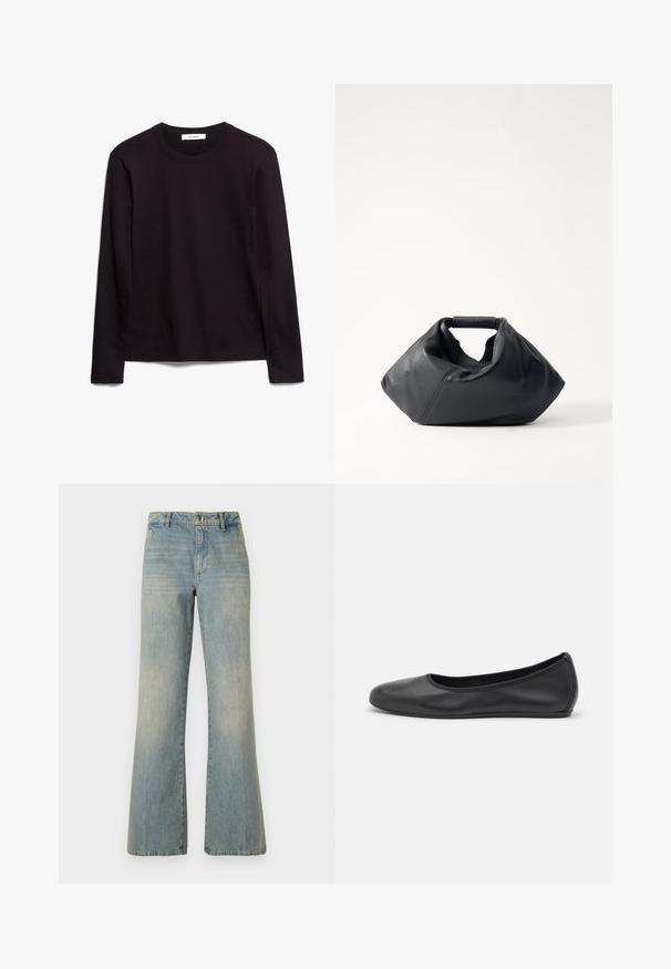 Sort langærmet t-shirt med rund hals lavet af tekstureret stof, med en lige kant og syede detaljer ved kraven og skuldrene.; Lysblå denim brede ben jeans med høj talje, knaplukning og falmet tekstur. Har klassisk fem-lomme design og lige ben.; Sort læderballetsko med rund tå, glat tekstur, minimal syning og et fleksibelt såldesign.; Sort lædertaske med en struktureret overflade, unik krøllet form og et kort håndtag. Har et enkelt hovedrum.