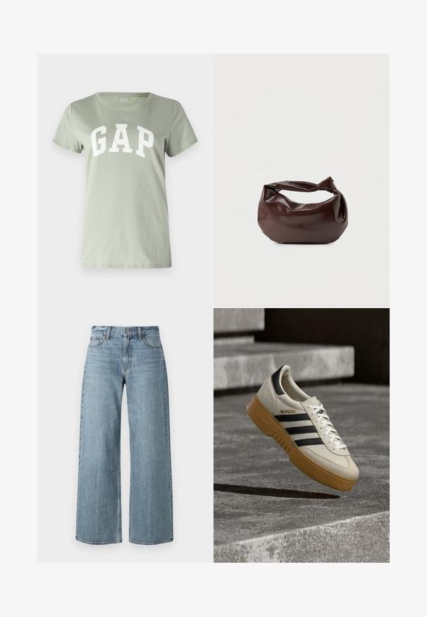 GAP TEE - T-shirt imprimé - desert sage; Jean large en denim bleu clair à taille haute, avec une texture délavée, cinq poches et une fermeture à bouton à l'avant.; Baskets en daim beige avec des rayures noires, des lacets blancs et une semelle en caoutchouc gomme. Présente un logo "SPEZIAL" sur le côté.; Sac bandoulière en cuir marron foncé avec une forme souple et décontractée et une anse nouée torsadée sur un fond blanc uni.