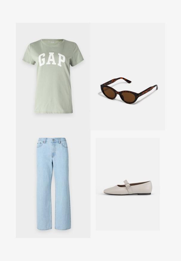 GAP TEE - T-shirt imprimé - desert sage; Jean large en denim bleu clair avec cinq poches, une fermeture à bouton et des passants de ceinture. Présente une texture douce avec des zones légèrement décolorées.; Ballerines en cuir beige de type Mary Jane avec un bout pointu, une sangle à la cheville et un détail de boucle en métal argenté, dotées d'un petit talon noir.; Lunettes de soleil en écaille de tortue marron avec une forme vintage de lunettes cat-eye et des verres marron. Présente des branches courbées avec des accents rouges.